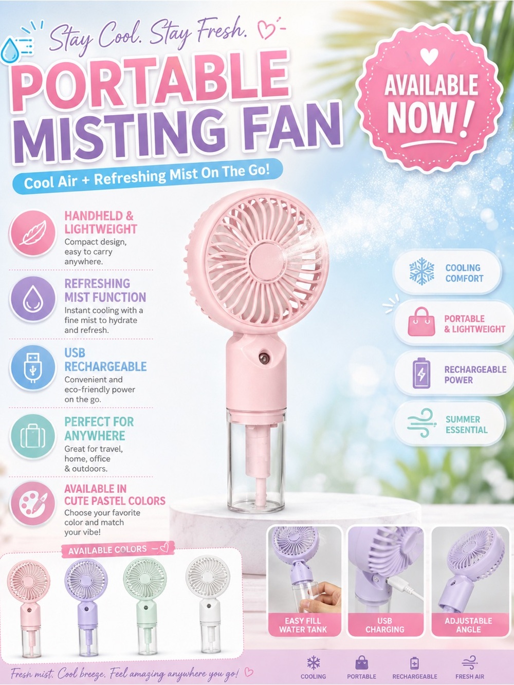 Portable Pink Misting Fan - Rechargeable Handheld Cooling Fan